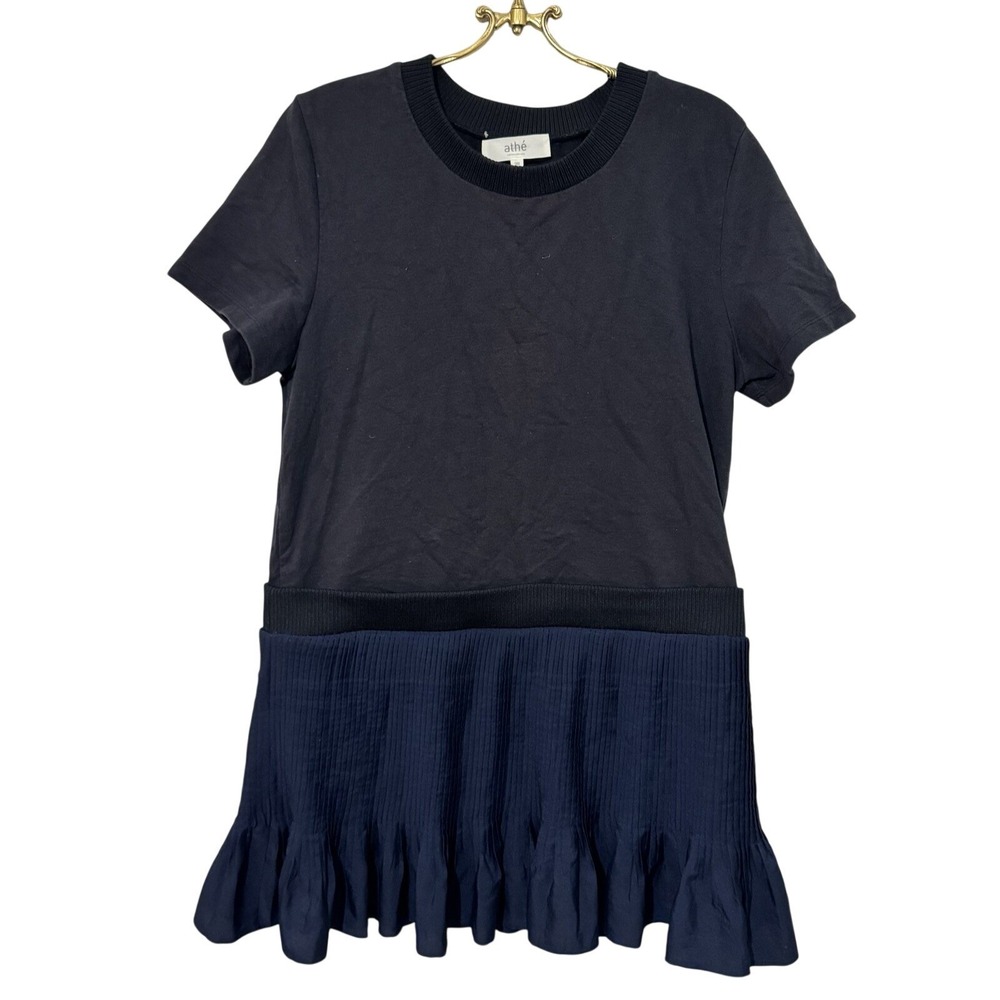 Athe Vanessa Bruno Navy Blue Cotton Drop Waist Pleated Ruffle Mini Dress Size 38